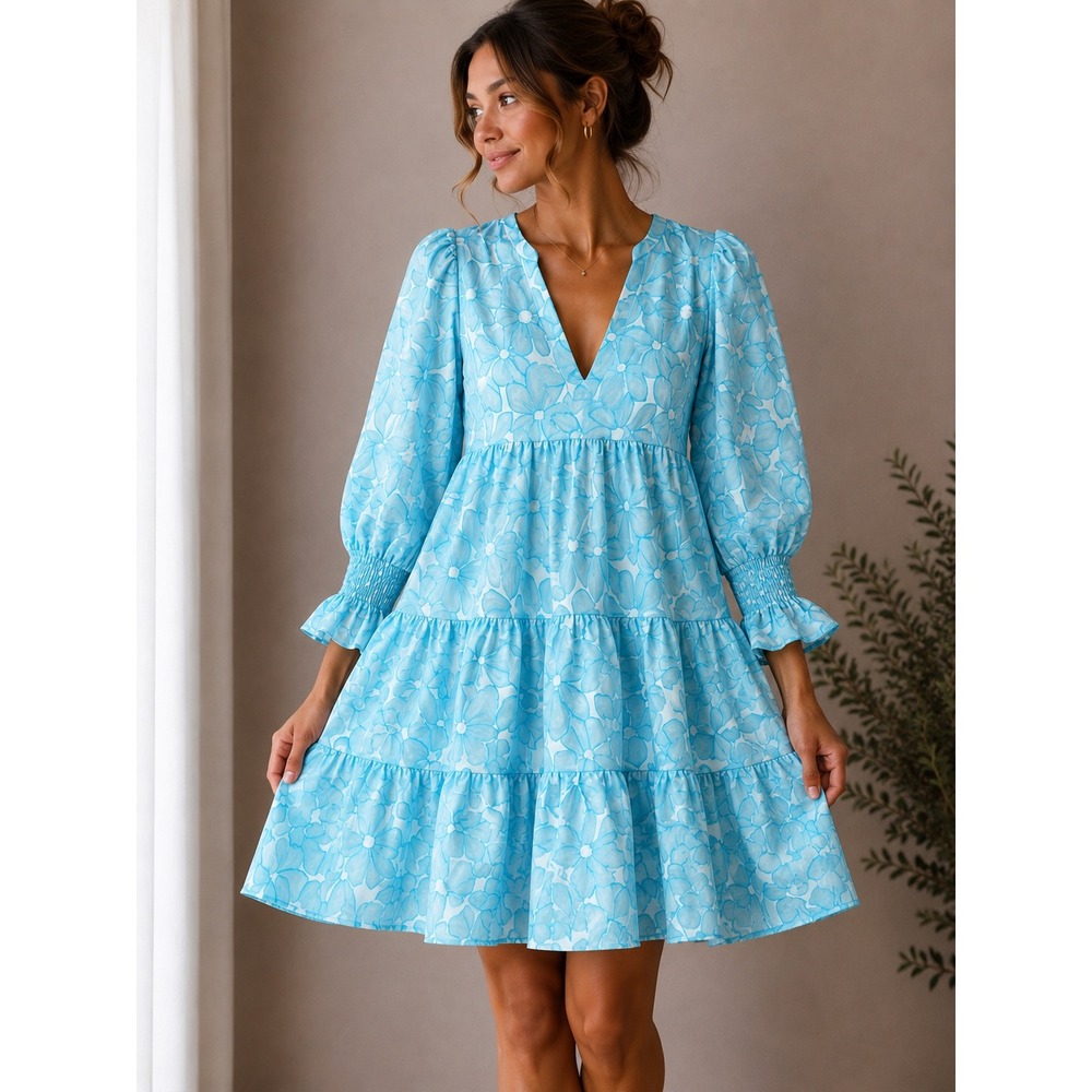 Pomander Place Dress Blue Floral Jacquard Tiered Babydoll Mini Y23363T Large